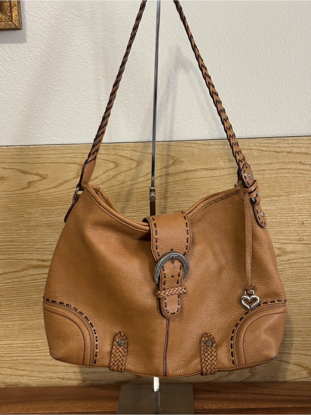 Brighton Leather Shoulder Bag with Braided Strap and Stitch